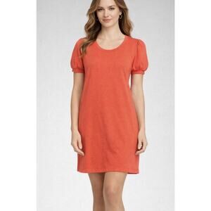 Nine West Dress Women M Coral Orange Puff Sleeve Shift Knit Casual Stretch New